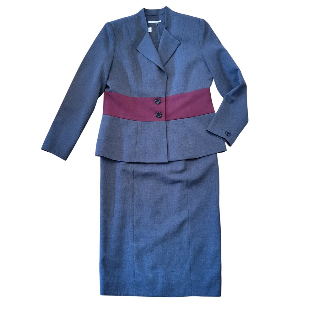 Henry Lee 6 2pc Blazer Dress Set Gray Burgundy Colorblock Power Suit Jacket Twee